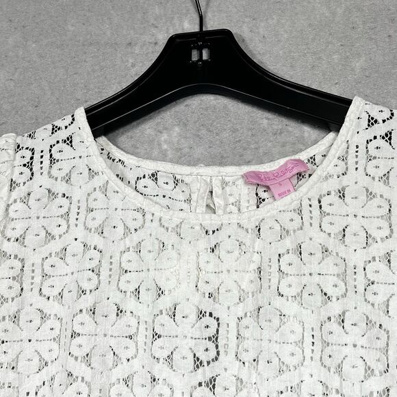 Lilly Pulitzer Darla Peplum Top Size Small White Eyelet Floral Lace Crochet Bow - Picture 2 of 14